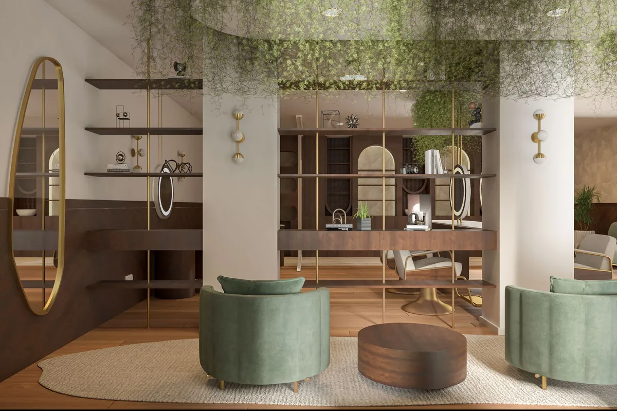 Modern aesthetic lounge with sage velvet seating, hanging greenery and warm stone finishes