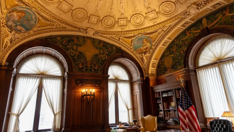 Paneled study with a frescoed gilded ceiling and tall arched windows