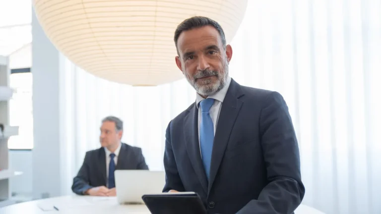 Two businessmen meeting in a modern office, one holding a tablet