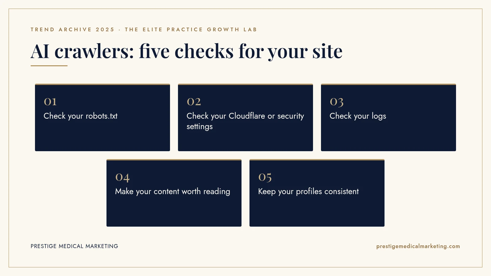 Infographic: AI crawlers: five checks for your site. Steps: Check your robots.txt; Check your Cloudflare or security settings; Check your logs; Make your content worth reading; Keep your profiles consistent