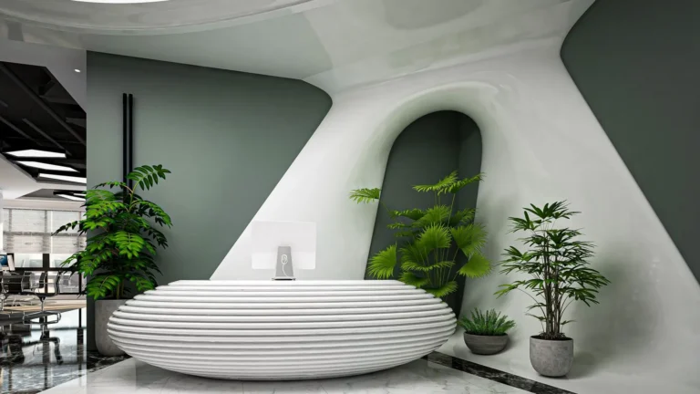 Elegant reception desk with indoor plants in a contemporary office