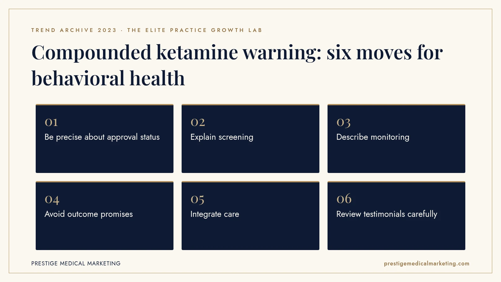 Infographic: Compounded ketamine warning: six moves for behavioral health. Steps: Be precise about approval status; Explain screening; Describe monitoring; Avoid outcome promises; Integrate care; Review testimonials carefully.