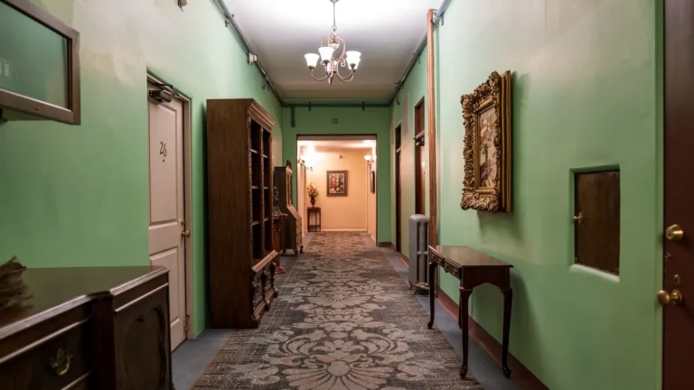 Sage green corridor with a patterned runner, gilt mirror and antique console