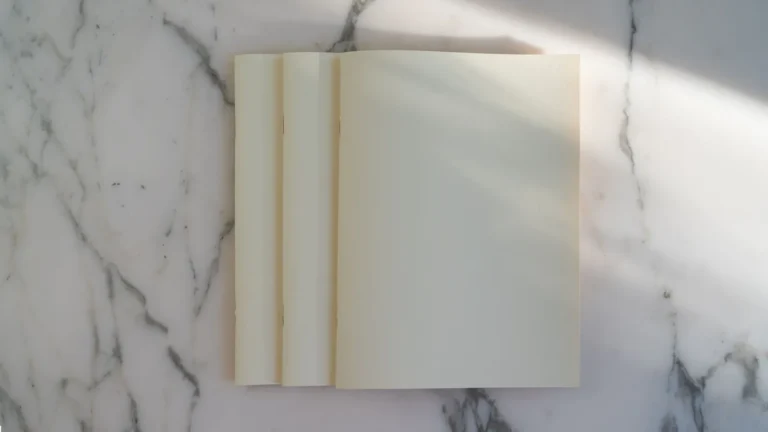 Stack of blank notebooks on a white marble surface in soft light