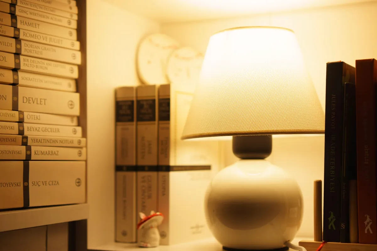 Warm table lamp glowing among shelves of archived binders and books