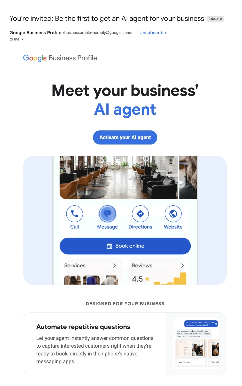 Google Business Profile email inviting a business to activate its AI agent, with the business details removed