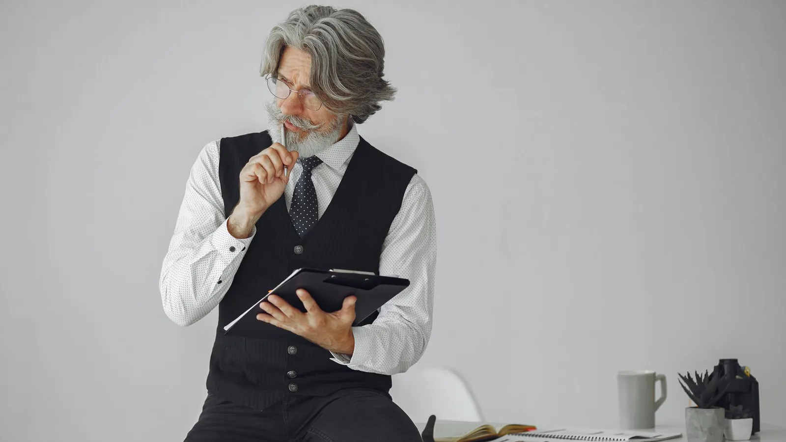 Senior man with gray hair holding a tablet while thinking through a plan at his desk