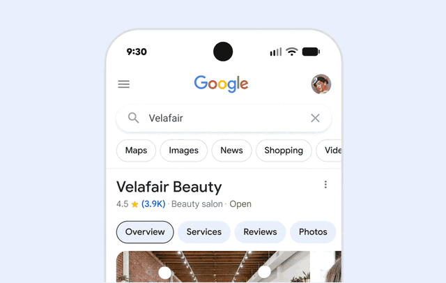 Google's demo of the Business Profile AI agent answering a customer question and offering booking times
