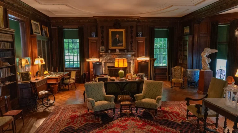 Library lounge with Persian rugs, green armchairs and a lit fireplace