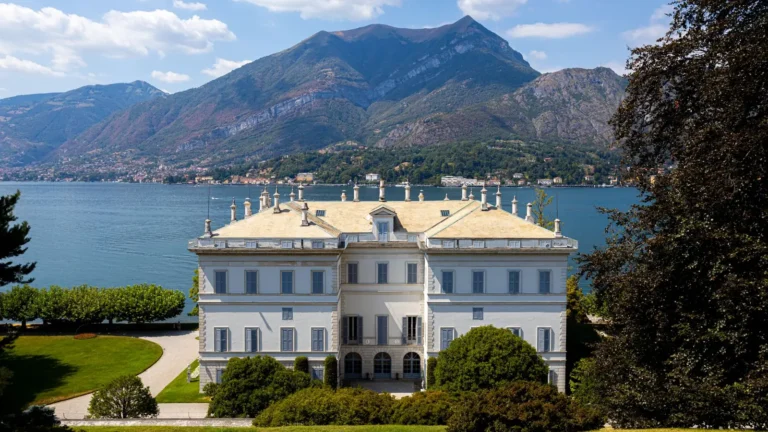 Lakeside Italian villa with mountains behind and formal lawns