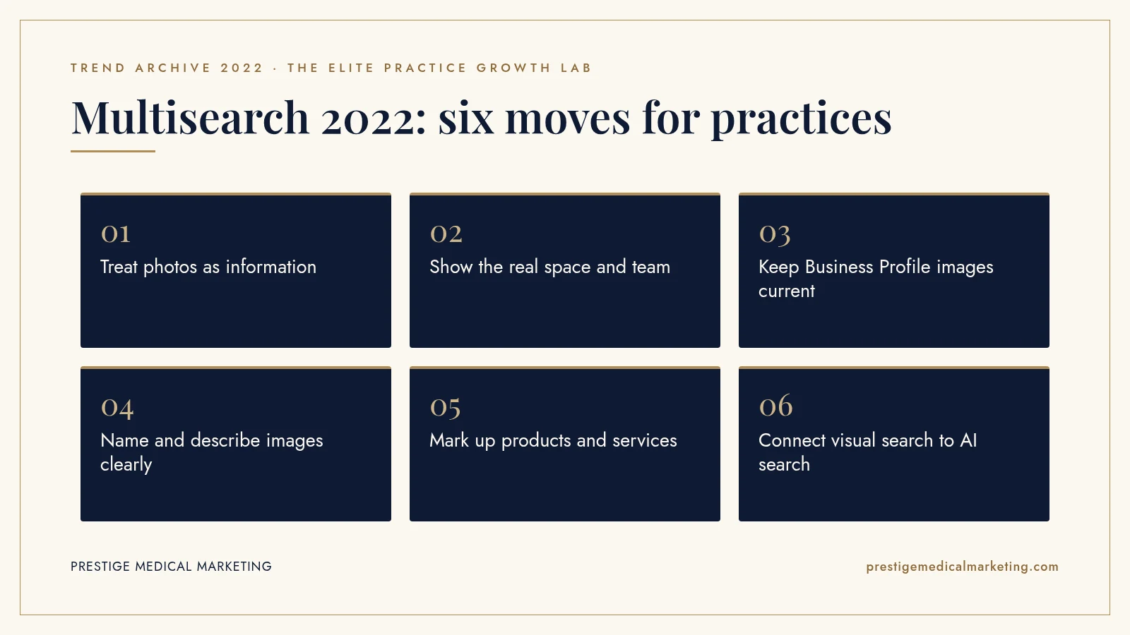 Infographic: Multisearch 2022: six moves for practices. Steps: Treat photos as information; Show the real space and team; Keep Business Profile images current; Name and describe images clearly; Mark up products and services; Connect visual search to AI search.
