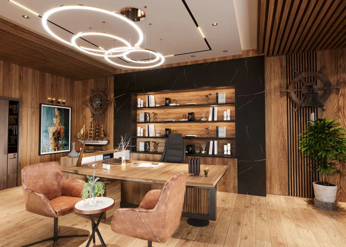Modern walnut office with ring pendant lights and blush leather chairs