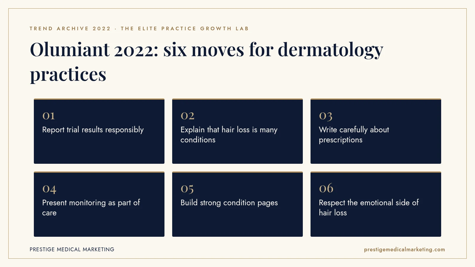 Infographic: Olumiant 2022: six moves for dermatology practices. Steps: Report trial results responsibly; Explain that hair loss is many conditions; Write carefully about prescriptions; Present monitoring as part of care; Build strong condition pages; Respect the emotional side of hair loss.