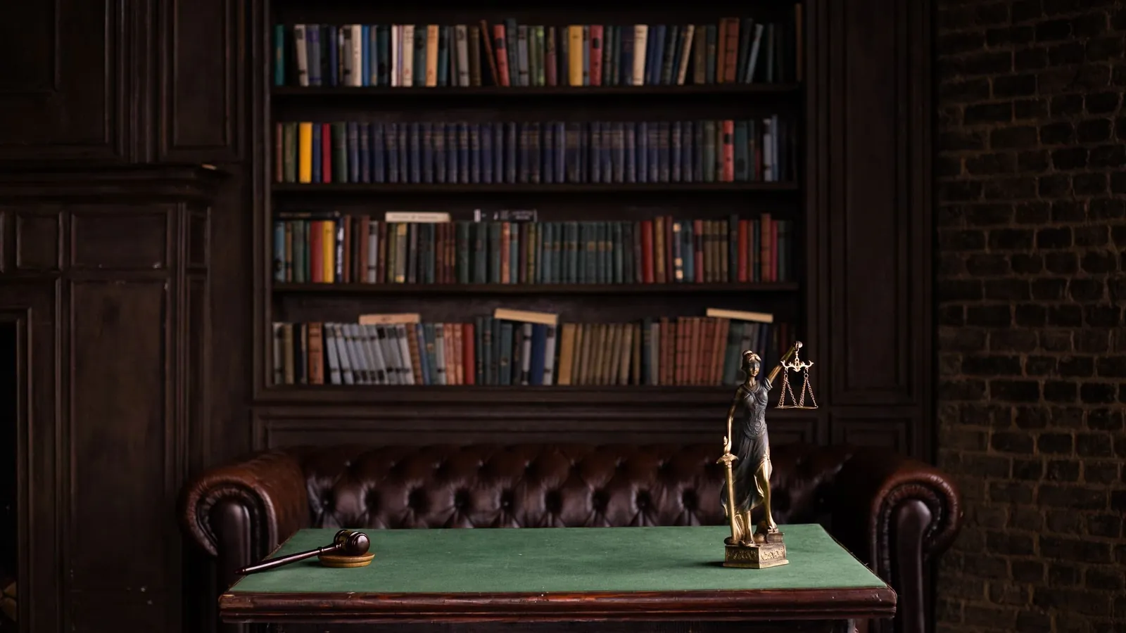 Dark library with a green leather desk and tall bookshelves