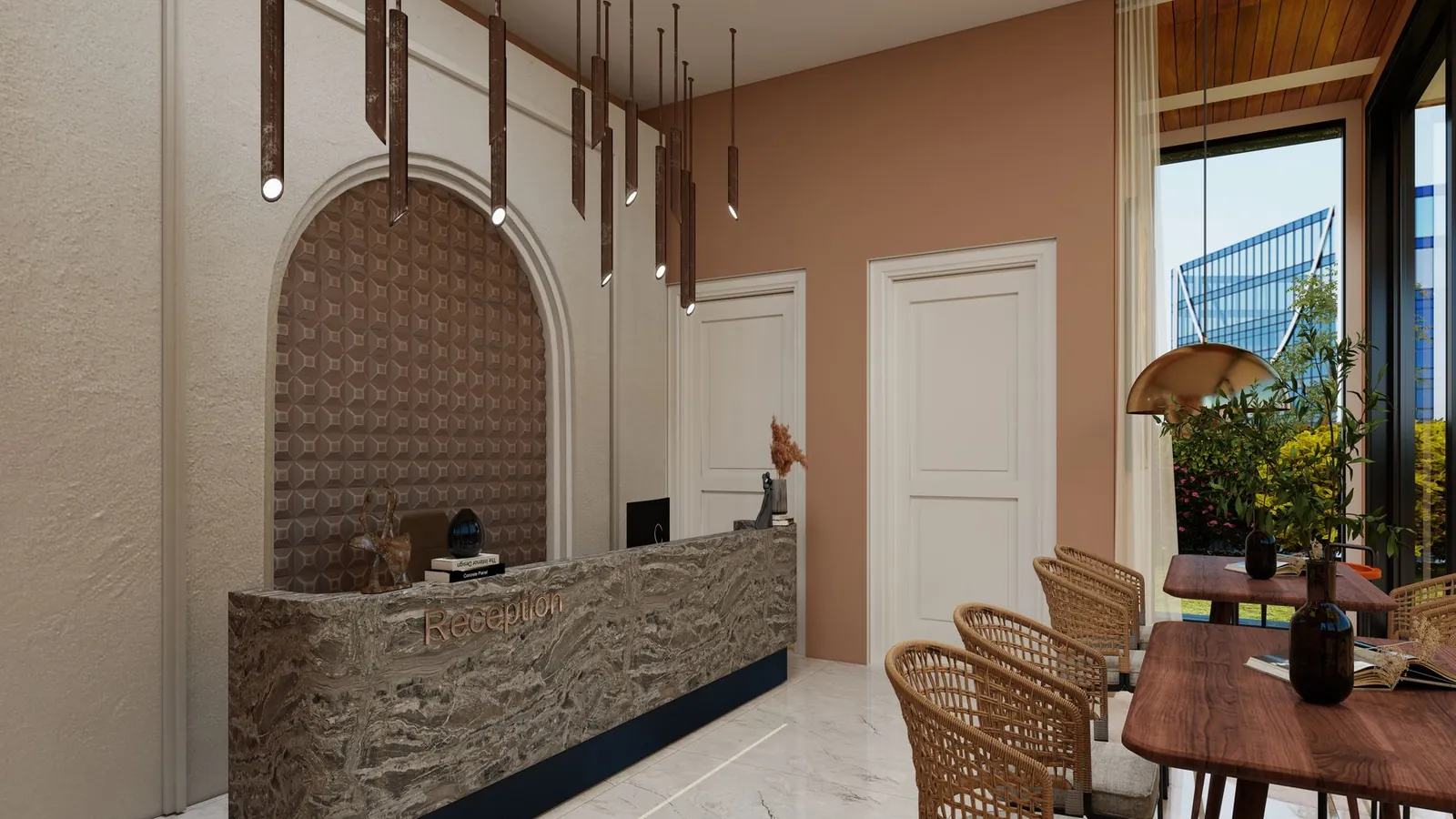 Bright med spa reception with a carved stone desk, arched wall and pendant lights