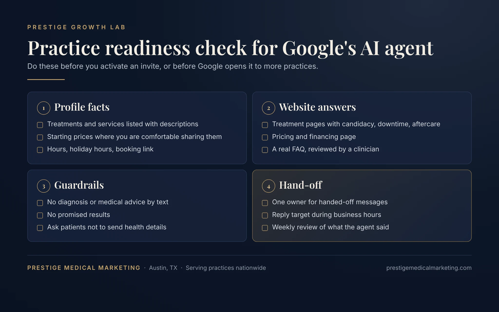 Prestige Medical Marketing practice readiness check for Google's Business Profile AI agent