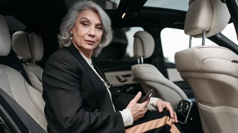 Silver-haired businesswoman in a tailored suit using her phone in the back of a luxury car