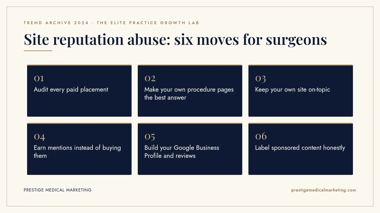 Infographic: Site reputation abuse: six moves for surgeons. Steps: Audit every paid placement; Make your own procedure pages the best answer; Keep your own site on-topic; Earn mentions instead of buying them; Build your Google Business Profile and reviews; Label sponsored content honestly