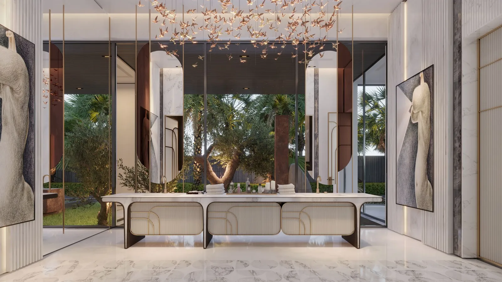 Elegant reception with marble floors, a crystal chandelier and a stone front desk