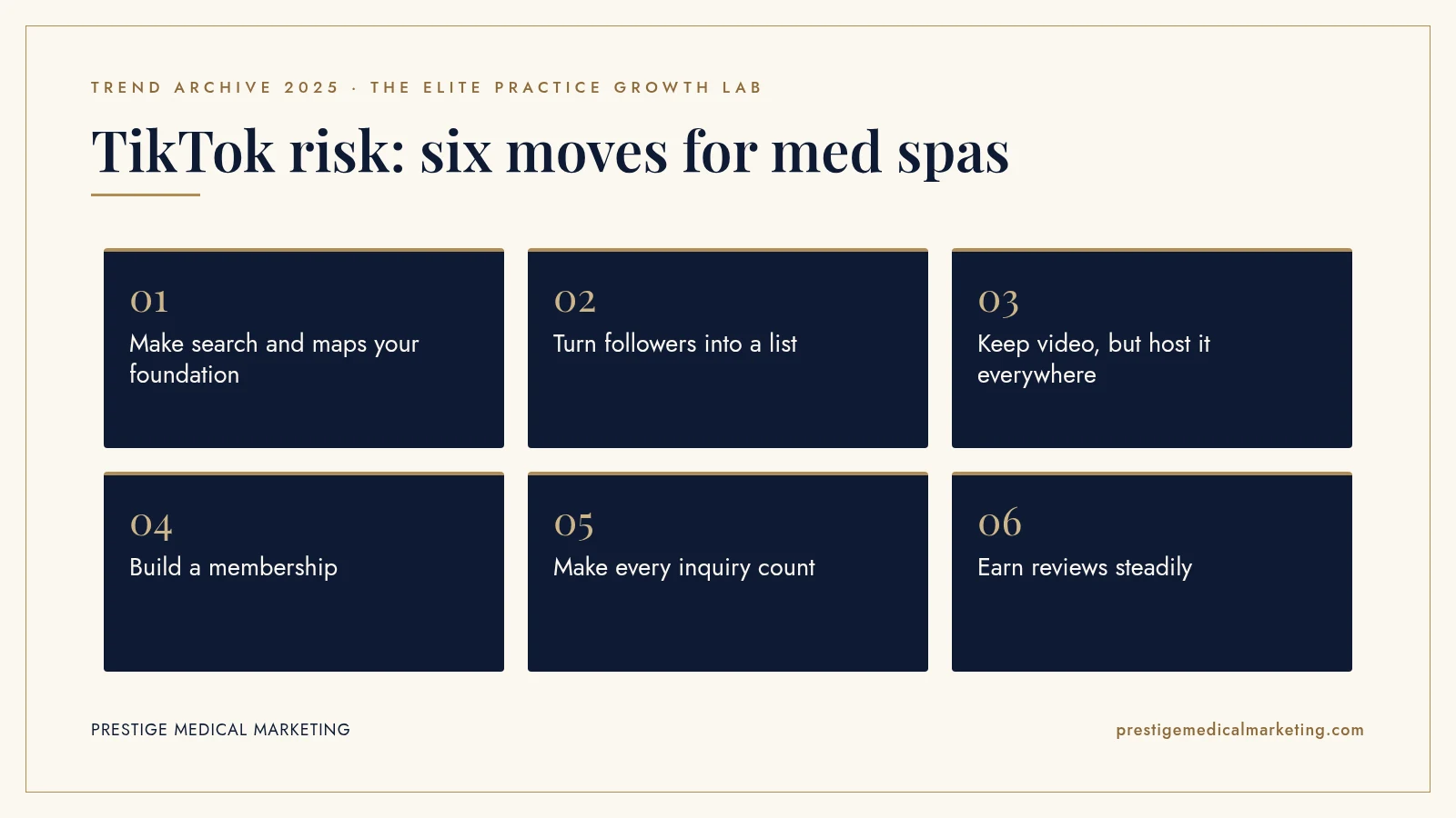Infographic: TikTok risk: six moves for med spas. Steps: Make search and maps your foundation; Turn followers into a list; Keep video, but host it everywhere; Build a membership; Make every inquiry count; Earn reviews steadily