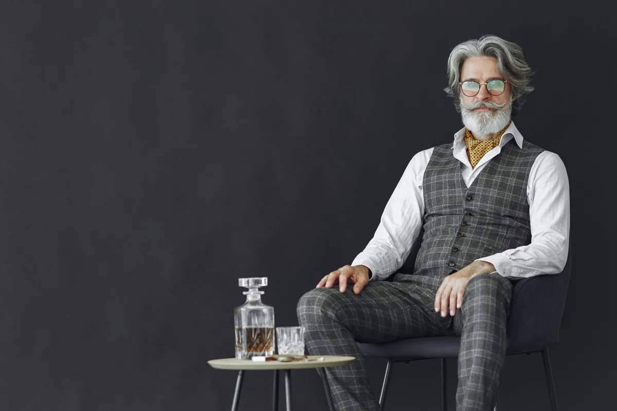 Mature man in a tailored vest seated beside a small table with a decanter