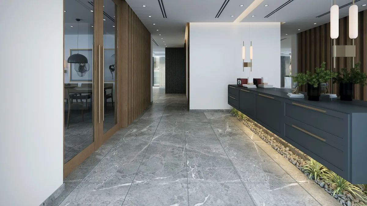 Quiet, modern office interior with marble floor, suggesting careful data governance